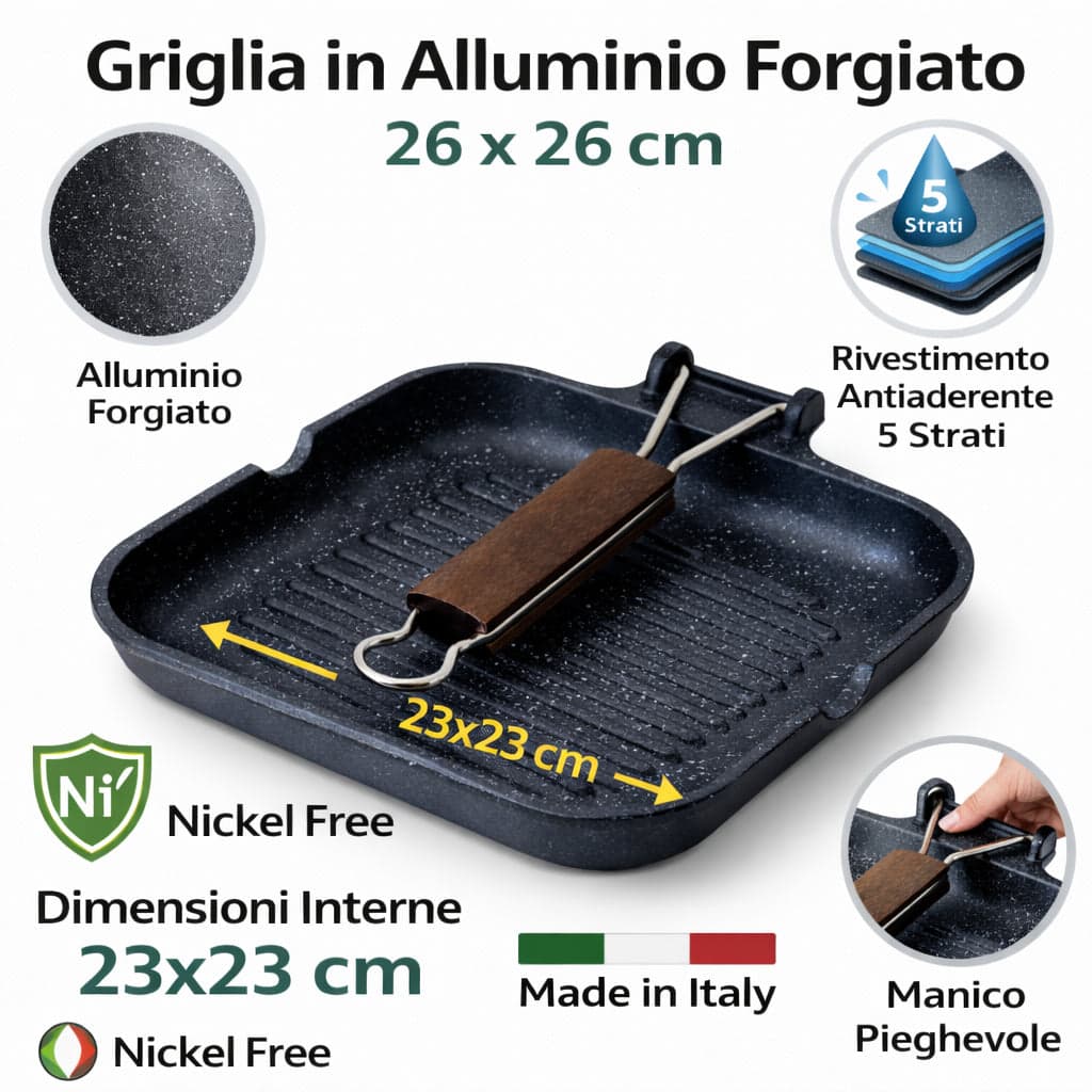 Bistecchiera 26x26 cm Antiaderente 5 Strati Pietra Manico Pieghevole Made in Italy in Padelle grill Danyx - Casoria, commercioVirtuoso.it
