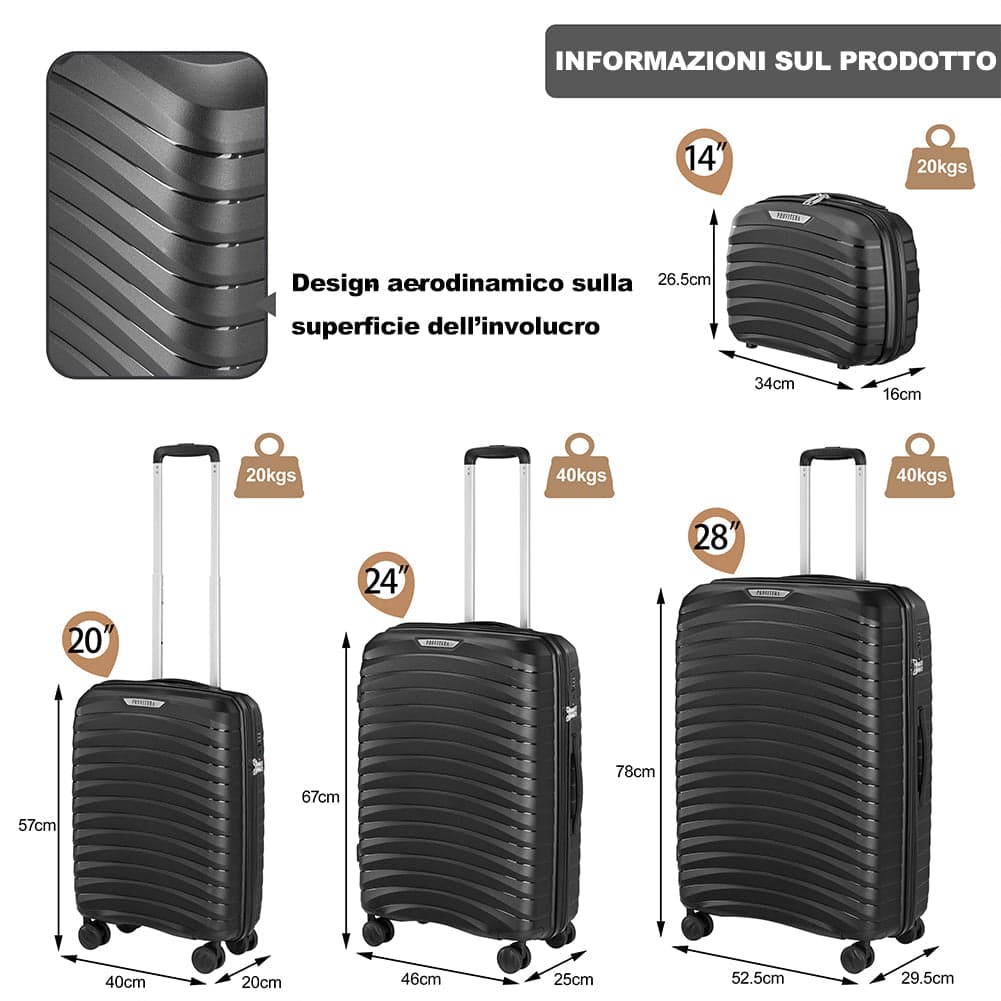 Set 4 Valigie Rigide Abs e PP con Beauty Case, Trolley 4 Ruote, Lucchetto Nero in Set di valigie Danyx - Casoria, commercioVirtuoso.it