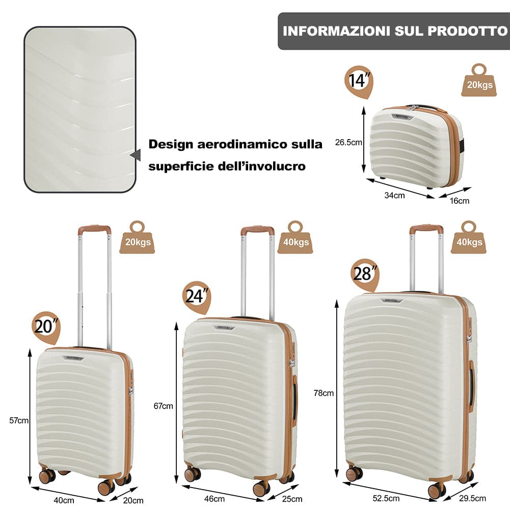 Set 4 Valigie Rigide Abs e PP con Beauty Case, Trolley 4 Ruote, Lucchetto Bianco in Set di valigie Danyx - Casoria, commercioVirtuoso.it
