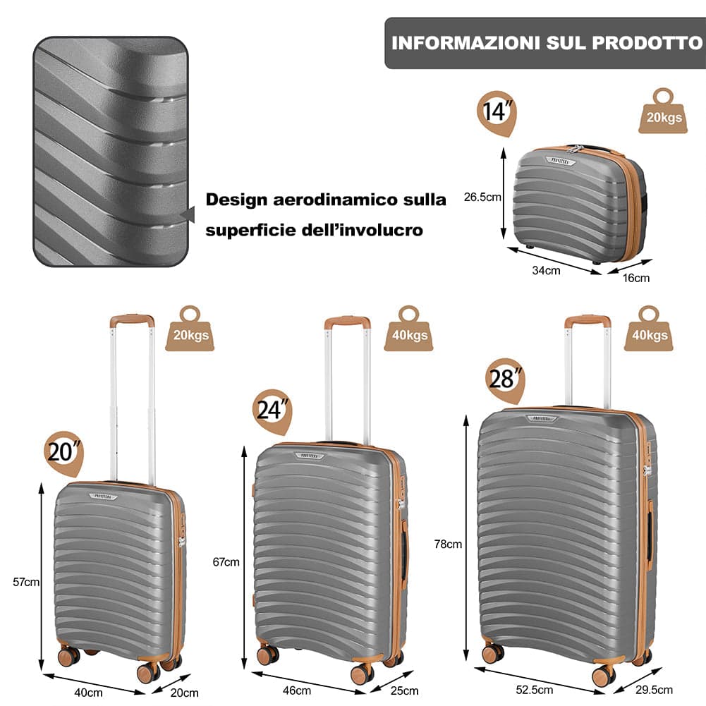 Set 4 Valigie Rigide Abs e PP con Beauty Case, Trolley 4 Ruote, Lucchetto Grigio in Set di valigie Danyx - Casoria, commercioVirtuoso.it