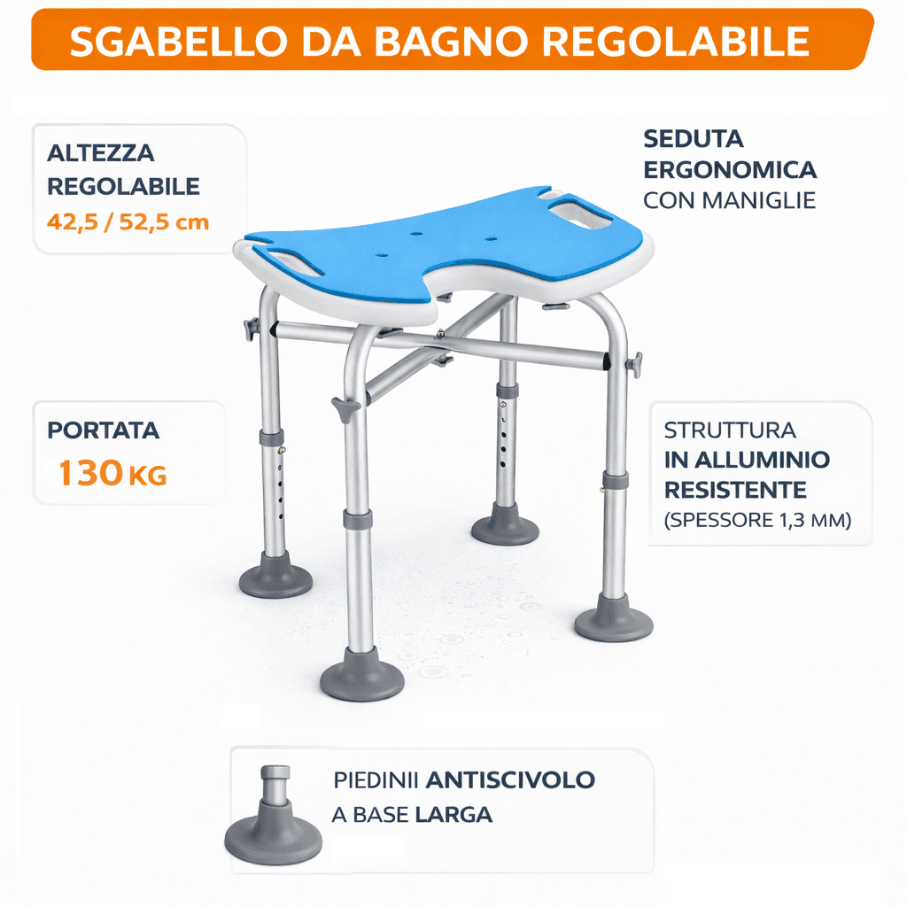 Sgabello da Doccia per Anziani Regolabile con Piedini Antiscivolo Portata 130 kg in Sgabelli per doccia e bagno Danyx - Casoria, commercioVirtuoso.it