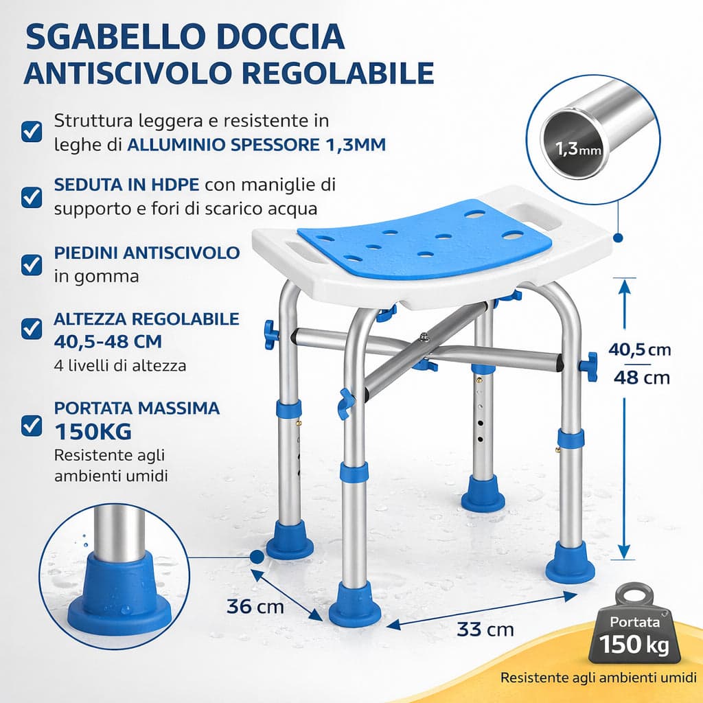 Sgabello Doccia Alluminio Antiscivolo Regolabile per Anziani e Disabili 150 kg in Sgabelli per doccia e bagno Danyx - Casoria, commercioVirtuoso.it