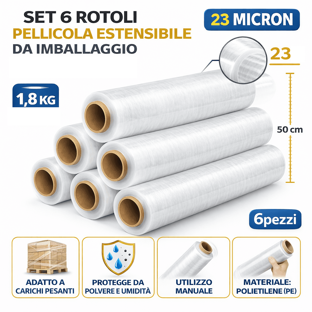 Set 6 Rotoli Pellicola Estensibile 50 cm 23 Micron Film Imballaggio Pallet in Pellicole estensibili Danyx - Casoria, commercioVirtuoso.it
