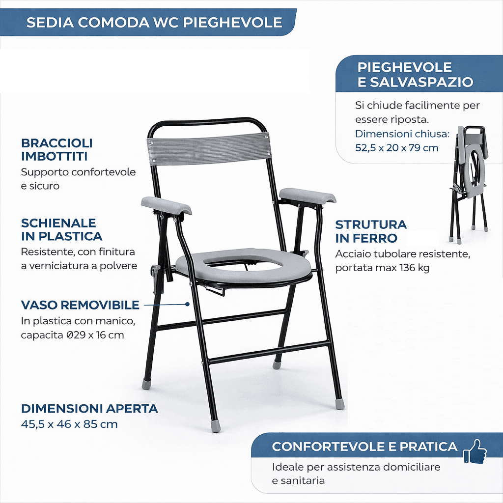 Sedia WC Pieghevole con Vaso Removibile per Anziani e Disabili 136 kg in  Danyx - Casoria, commercioVirtuoso.it