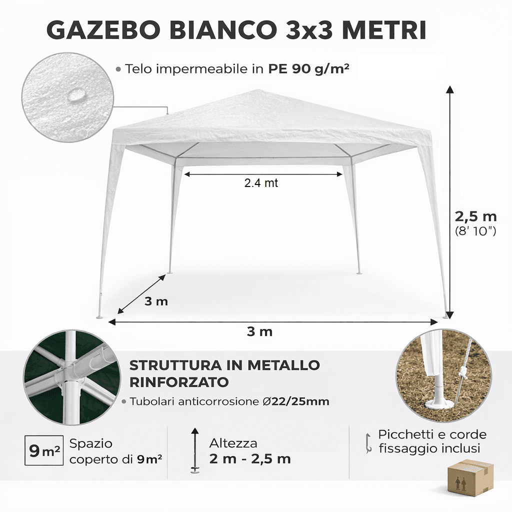 Gazebo da Giardino 3x3 Impermeabile Struttura Metallo Bianco per Campeggio Fiere Eventi in Gazebo Danyx - Casoria, commercioVirtuoso.it