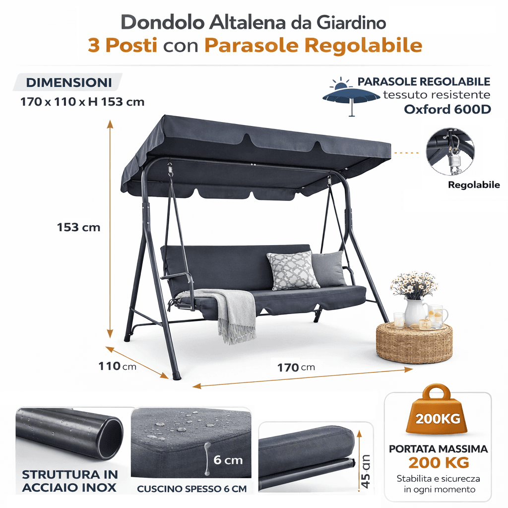 Dondolo Altalena da Giardino 3 Posti con Parasole Regolabile in acciaio Grigio in Dondoli coperti Danyx - Casoria, commercioVirtuoso.it