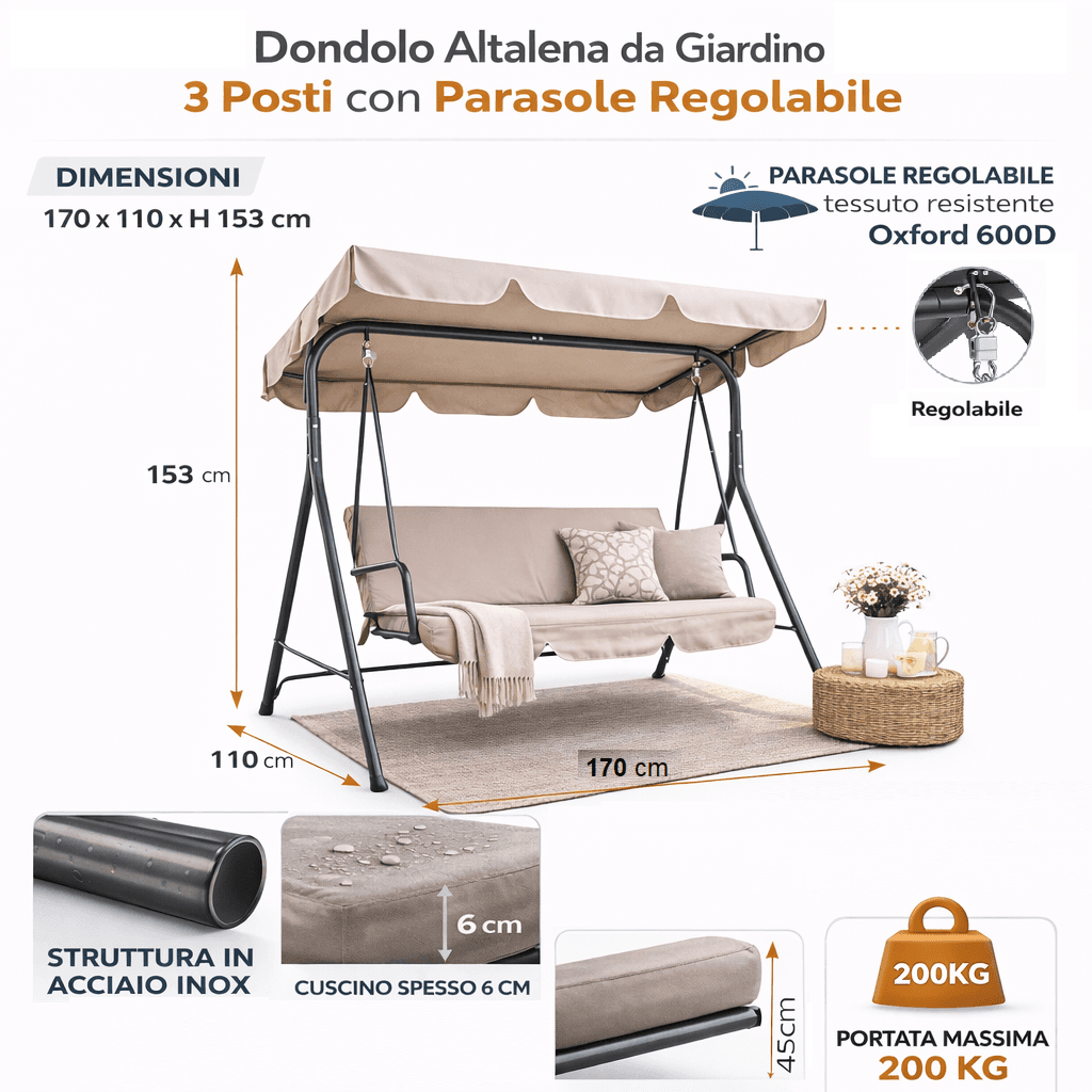 Dondolo Altalena da Giardino 3 Posti con Parasole Regolabile in acciaio Tortora in Dondoli coperti Danyx - Casoria, commercioVirtuoso.it