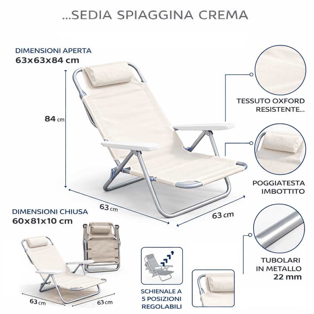 Sedia Spiaggina Prendisole Pieghevole Reclinabile 5 Posizioni Crema Mare Spaggia in Lettini Danyx - Casoria, commercioVirtuoso.it