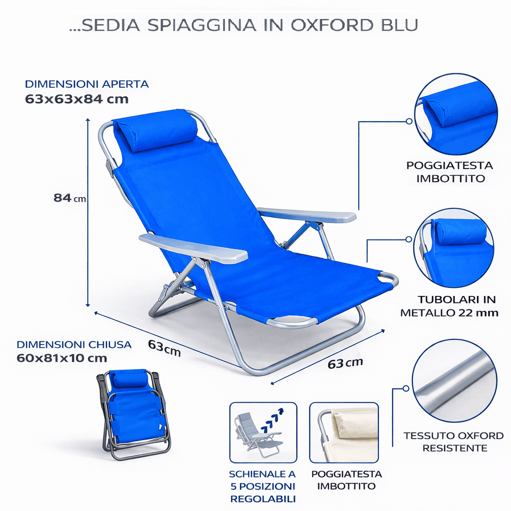 Sedia Spiaggina Prendisole Pieghevole Reclinabile 5 Posizioni Blu Mare Spaggia in Lettini Danyx - Casoria, commercioVirtuoso.it