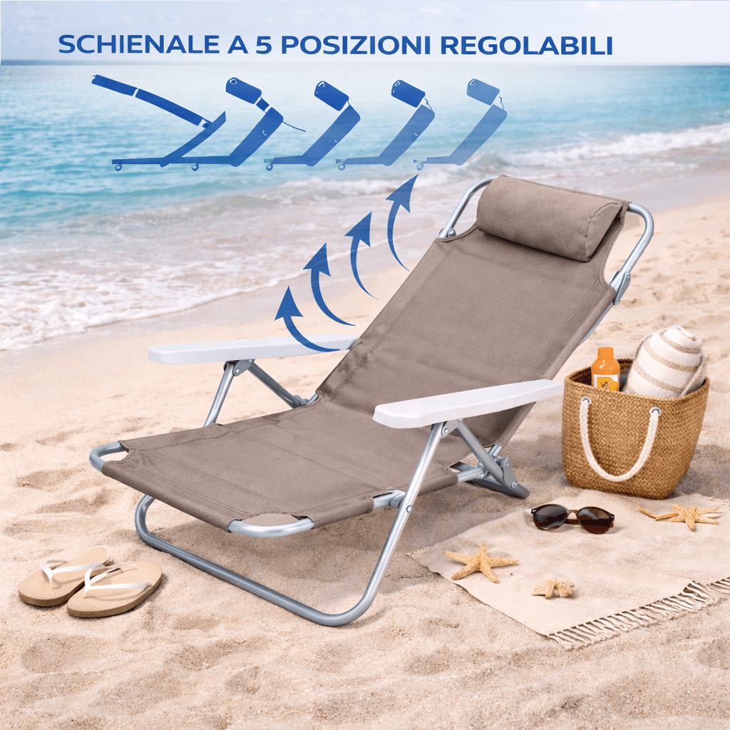 Sedia Spiaggina Prendisole Pieghevole Reclinabile 5 Posizioni Tortora Mare Spaggia in Lettini Danyx - Casoria, commercioVirtuoso.it
