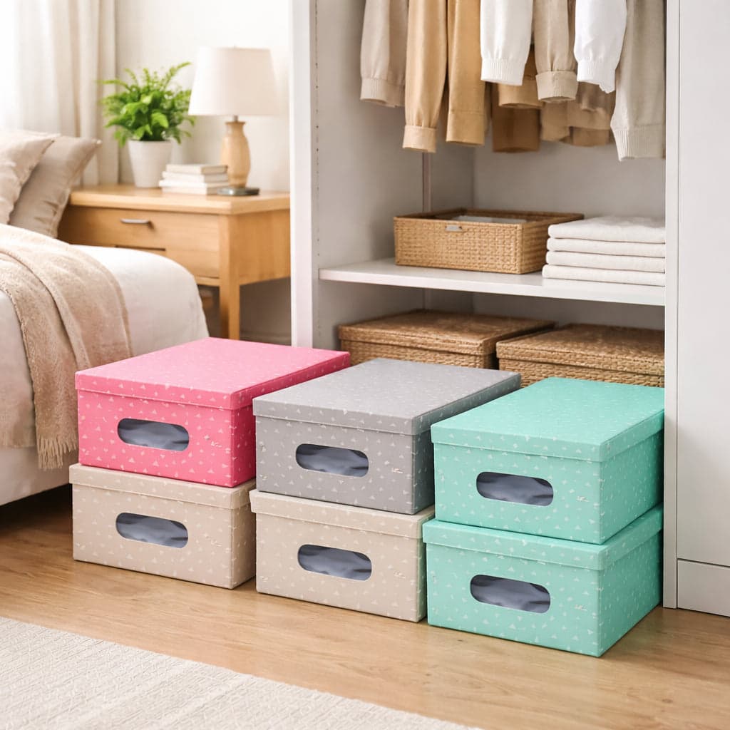 Kit 4pz Scatole Box Sistemazione Armadio in PVC Pieghevole 50x39 H24cm Col.Ass in Contenitori sottoletto Danyx - Casoria, commercioVirtuoso.it