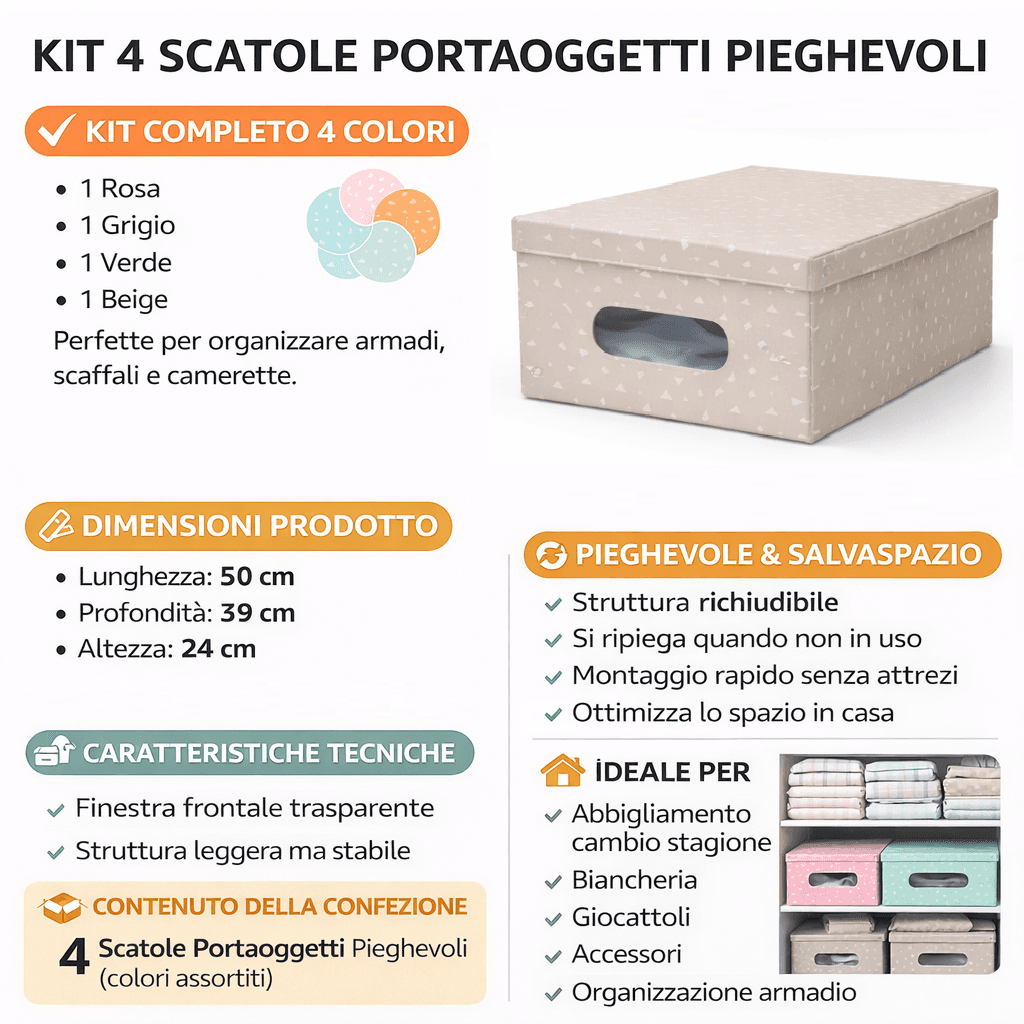 Kit 4pz Scatole Box Sistemazione Armadio in PVC Pieghevole 50x39 H24cm Col.Ass in Contenitori sottoletto Danyx - Casoria, commercioVirtuoso.it