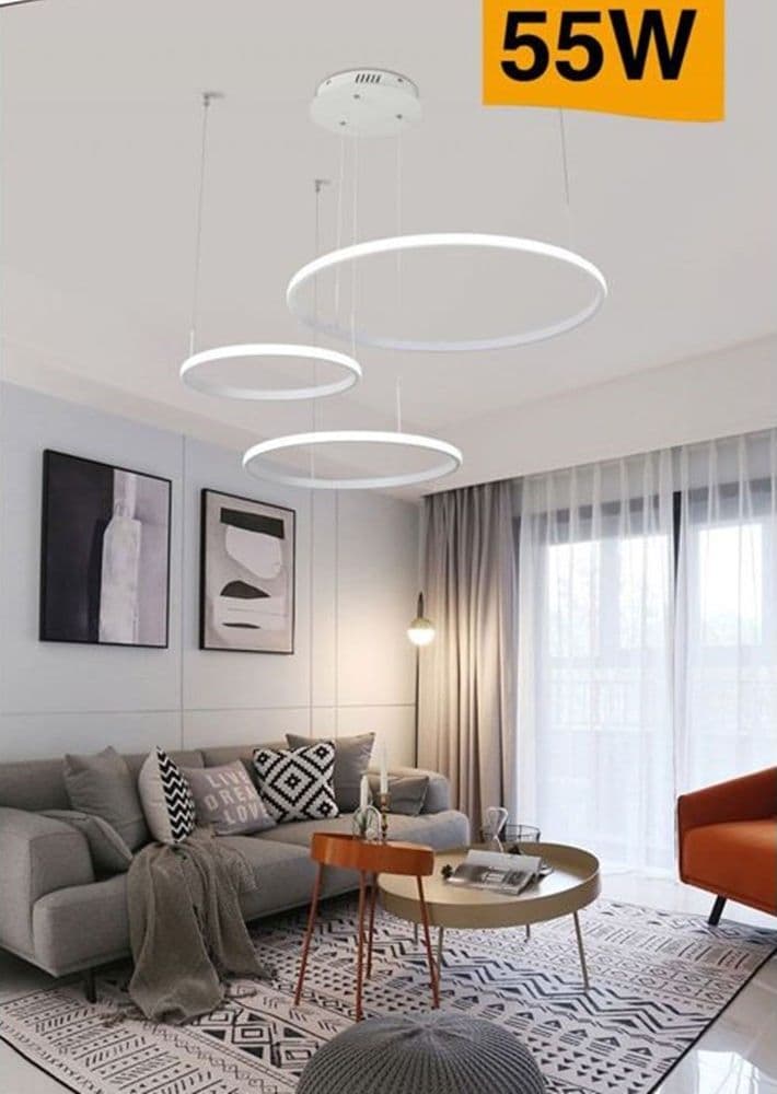 LAMPADARIO LED A SOSPENSIONE 3 ANELLI ASIMMETRICI 55W LUCE 3000K 4000K 6500K A65 in Lampade a sospensione Trade Shop italia - Napoli, commercioVirtuoso.it