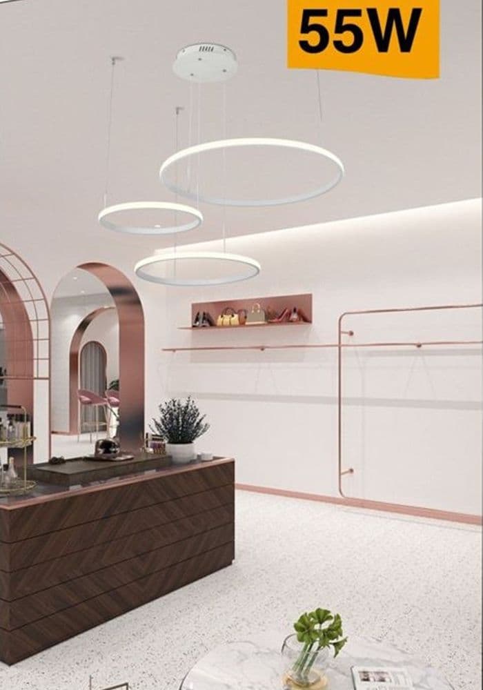 LAMPADARIO LED A SOSPENSIONE 3 ANELLI ASIMMETRICI 55W LUCE 3000K 4000K 6500K A65 in Lampade a sospensione Trade Shop italia - Napoli, commercioVirtuoso.it