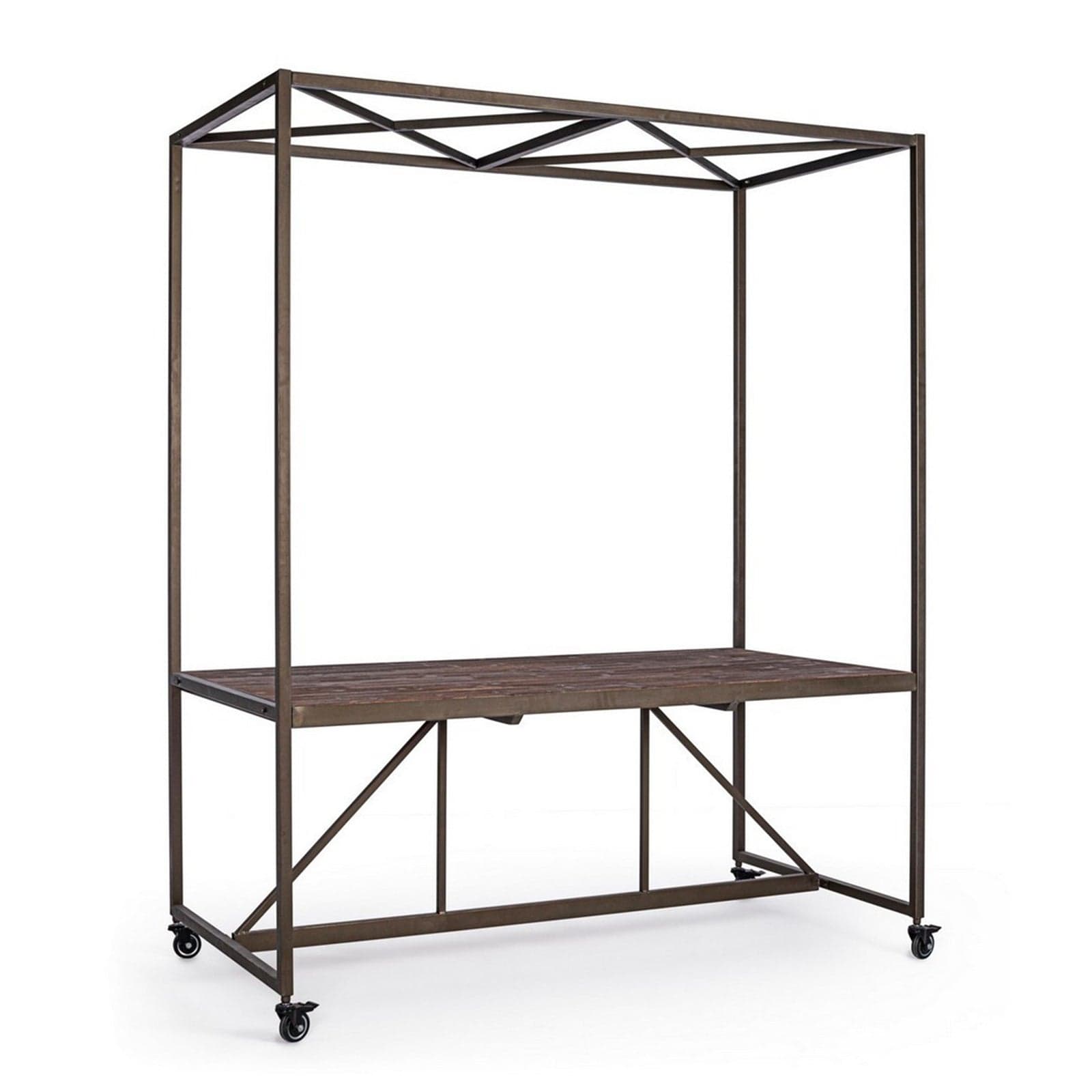 Tavolo espositore con tetto, struttura in acciaio, piano in legno, ruote in gomma - 11