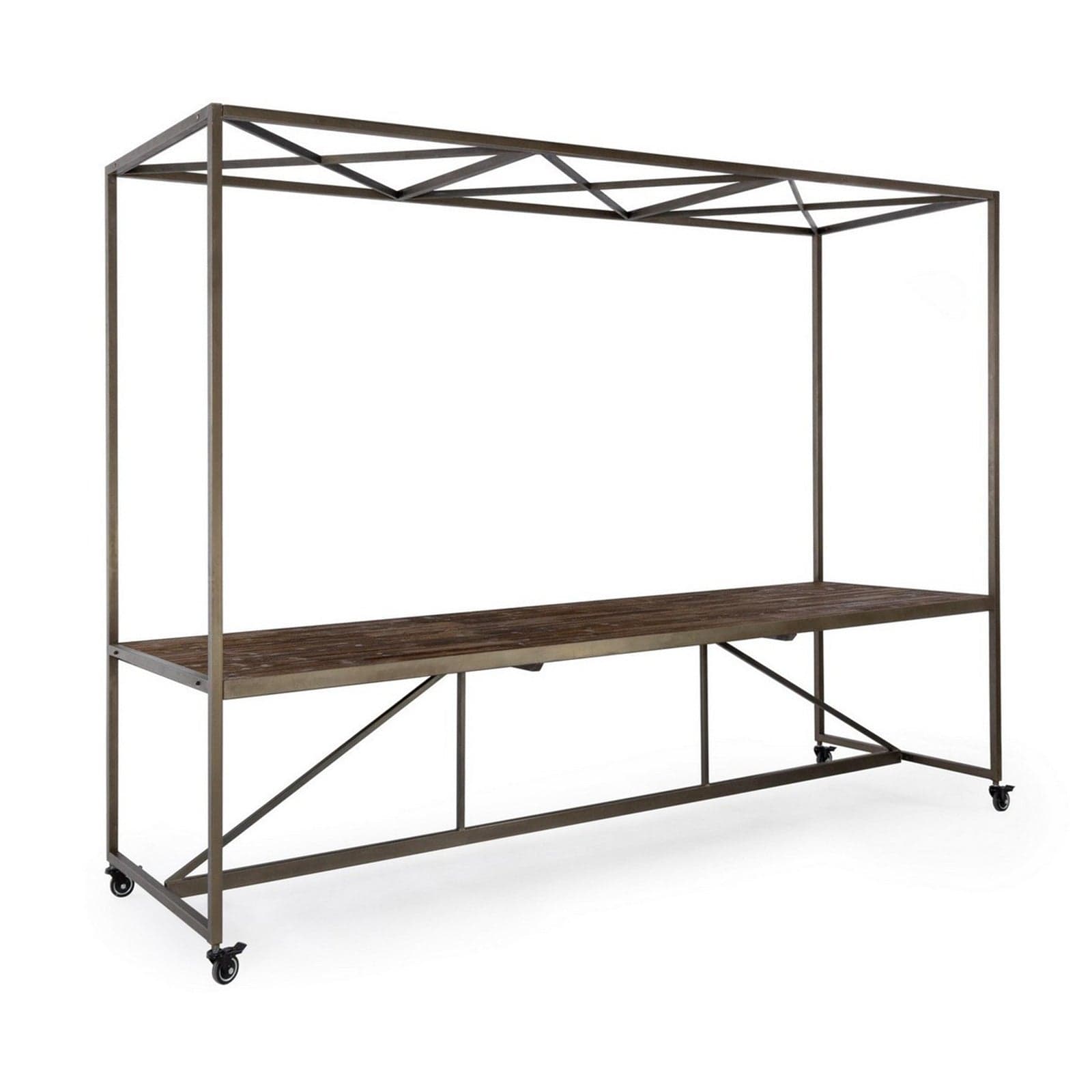 Tavolo espositore con tetto, struttura in acciaio, piano in legno, ruote in gomma - 10