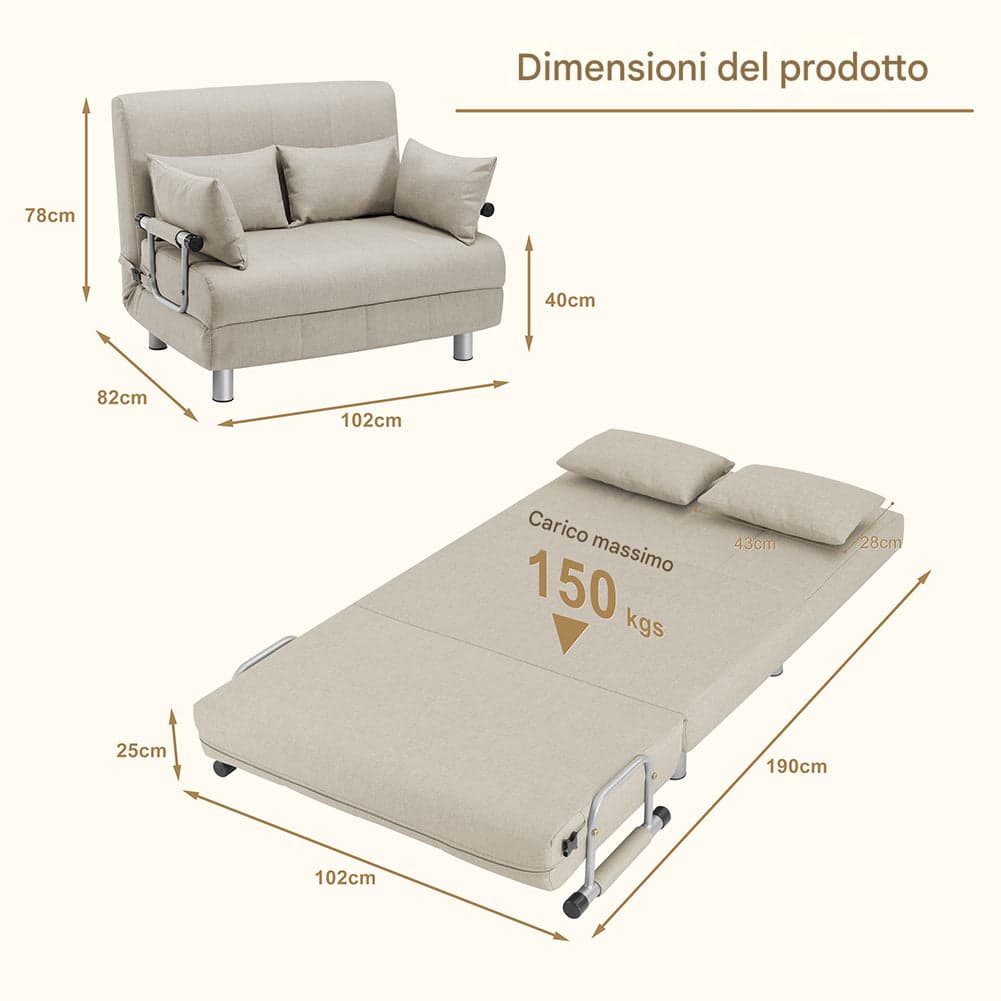 Divano Poltrona Letto 2 Posti Schienale Reclinabile in Metallo e Tessuto Salvaspazio Crema in Divani Danyx - Casoria, commercioVirtuoso.it