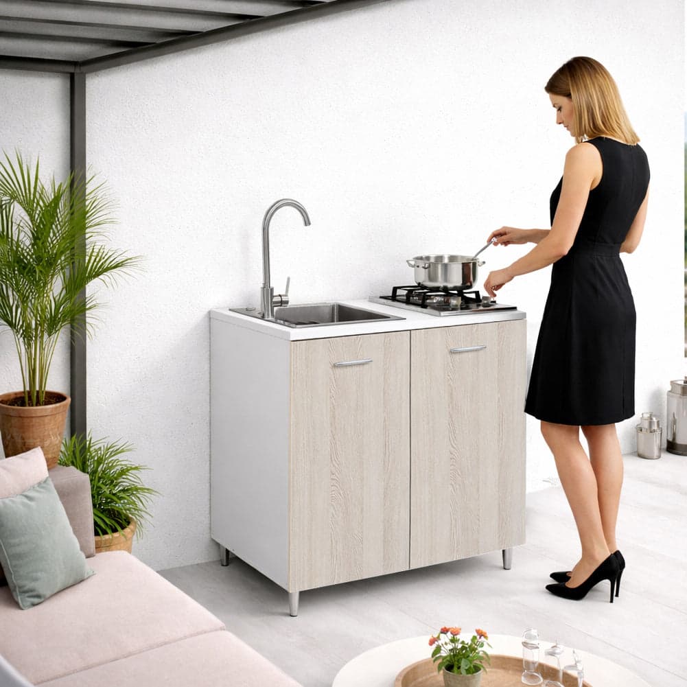 Mini Cucina Completa 80x60 Salvaspazio con 2 Fuochi Gas Lavello Acciaio e Ruote Olmo in Moduli componibili Danyx - Casoria, commercioVirtuoso.it