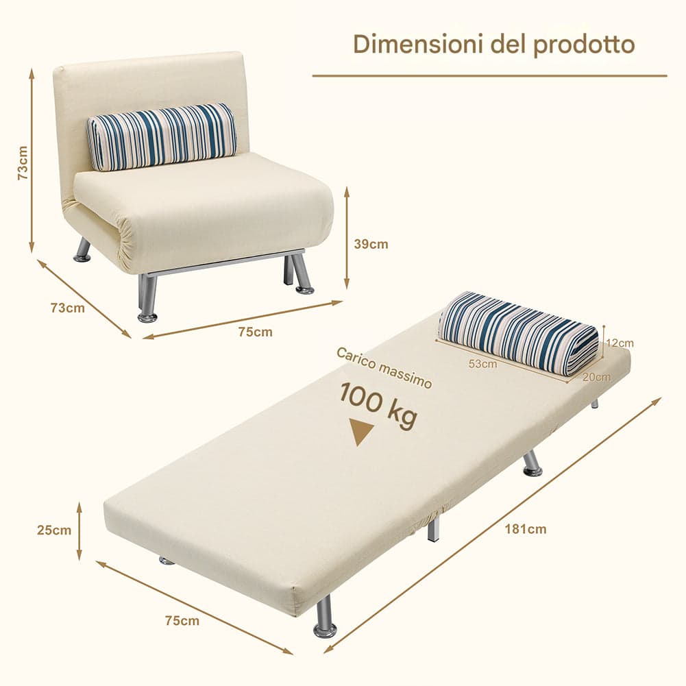 Poltrona Letto 1 Posto Schienale Reclinabile in Metallo e Tessuto 75x73x73 Salvaspazio Crema in Divani Danyx - Casoria, commercioVirtuoso.it