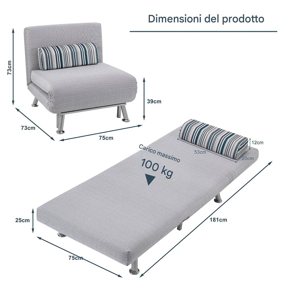 Poltrona Letto 1 Posto Schienale Reclinabile in Metallo e Tessuto 75x73x73 Salvaspazio Grigio Chiaro in Poltrone reclinabili Danyx - Casoria, commercioVirtuoso.it
