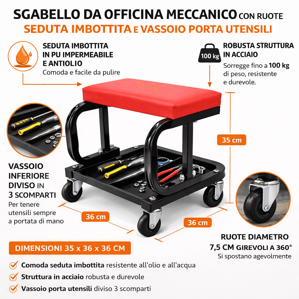 Kit 2 Sgabelli da Officina Meccanico con Ruote, Seduta Imbottita Vassoio Porta Utensili in Sgabelli da officina Danyx - Casoria, commercioVirtuoso.it