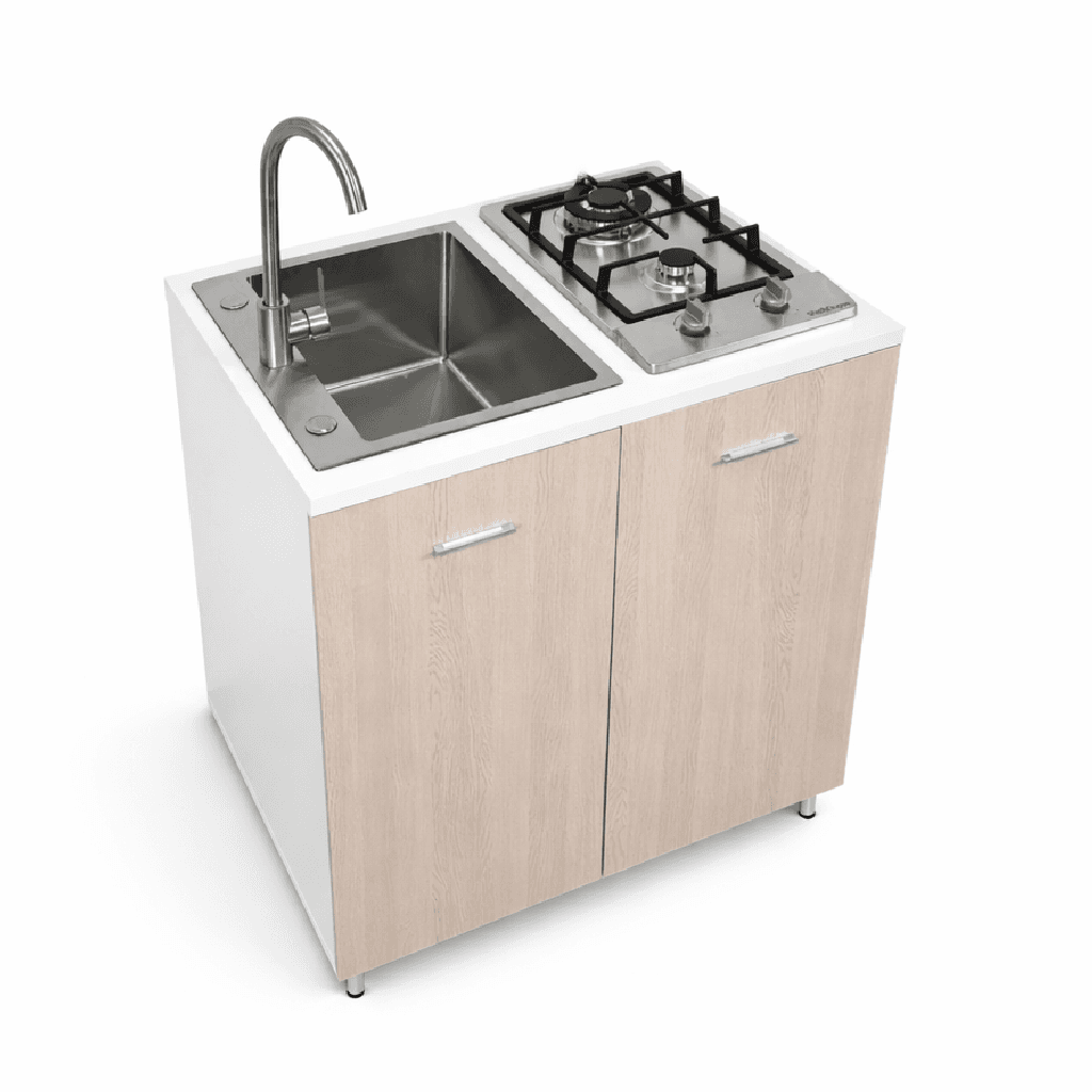 Mini Cucina Completa 80x60 Salvaspazio con 2 Fuochi Gas Lavello Acciaio e Ruote Olmo in Moduli componibili Danyx - Casoria, commercioVirtuoso.it
