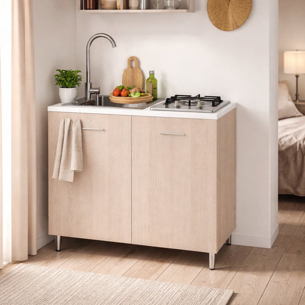 Mini Cucina Completa 80x60 Salvaspazio con 2 Fuochi Gas Lavello Acciaio e Ruote Olmo in Moduli componibili Danyx - Casoria, commercioVirtuoso.it