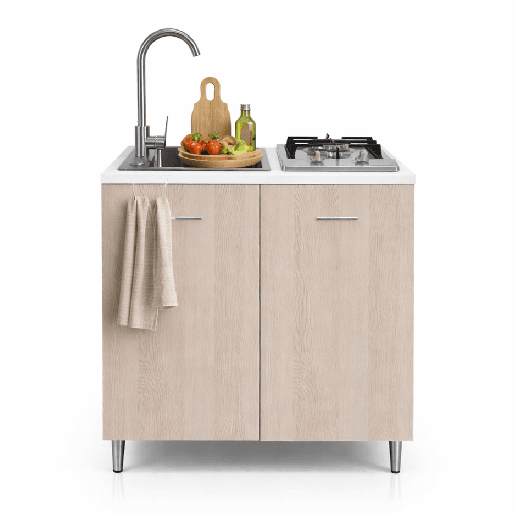 Mini Cucina Completa 80x60 Salvaspazio con 2 Fuochi Gas Lavello Acciaio e Ruote Olmo in Moduli componibili Danyx - Casoria, commercioVirtuoso.it