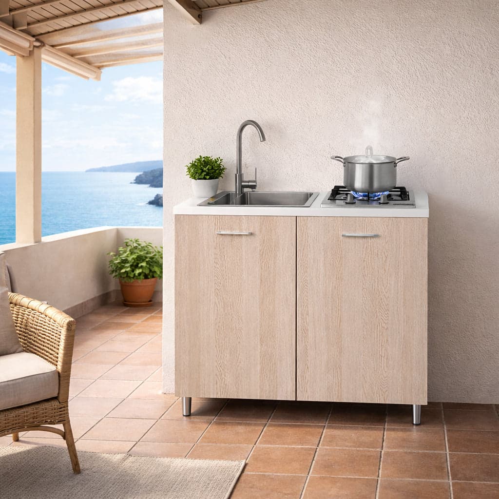 Mini Cucina Completa 80x60 Salvaspazio con 2 Fuochi Gas Lavello Acciaio e Ruote Olmo in Moduli componibili Danyx - Casoria, commercioVirtuoso.it