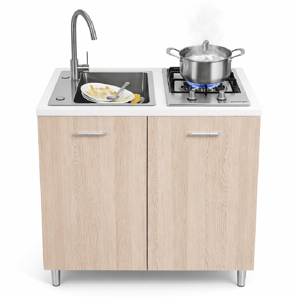 Mini Cucina Completa 80x60 Salvaspazio con 2 Fuochi Gas Lavello Acciaio e Ruote Olmo