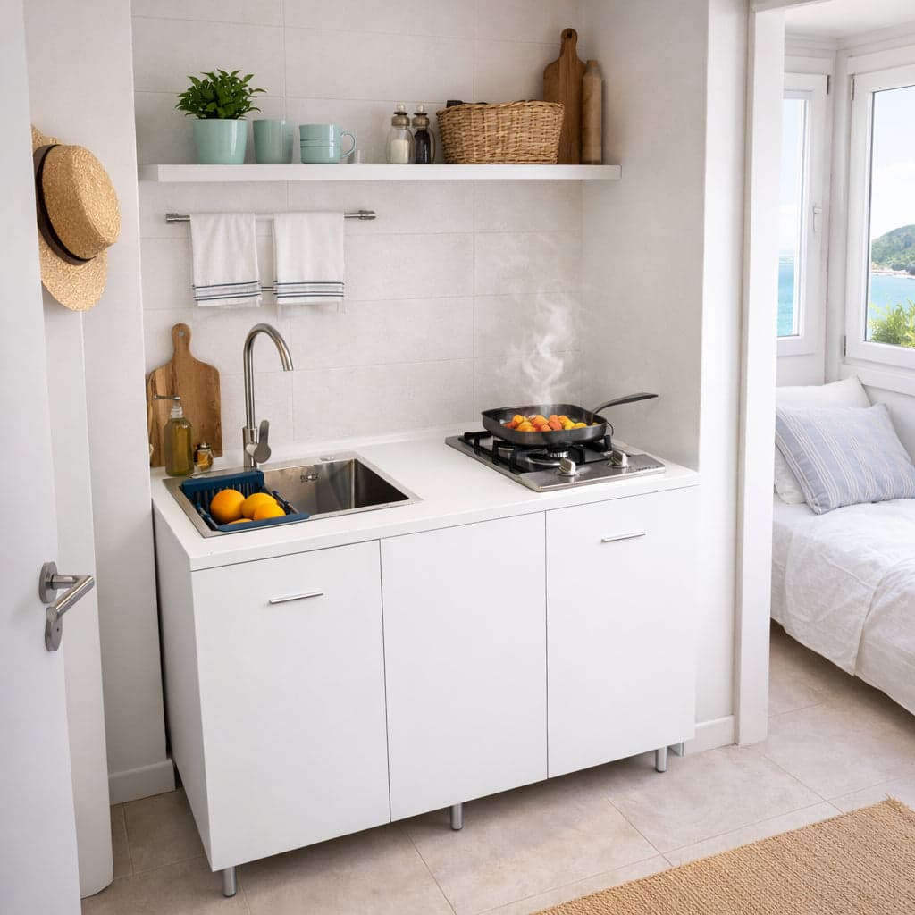 Mini Cucina Completa 120x60 Salvaspazio con 2 Fuochi Gas Lavello Acciaio e Ruote Bianco in Moduli componibili Danyx - Casoria, commercioVirtuoso.it