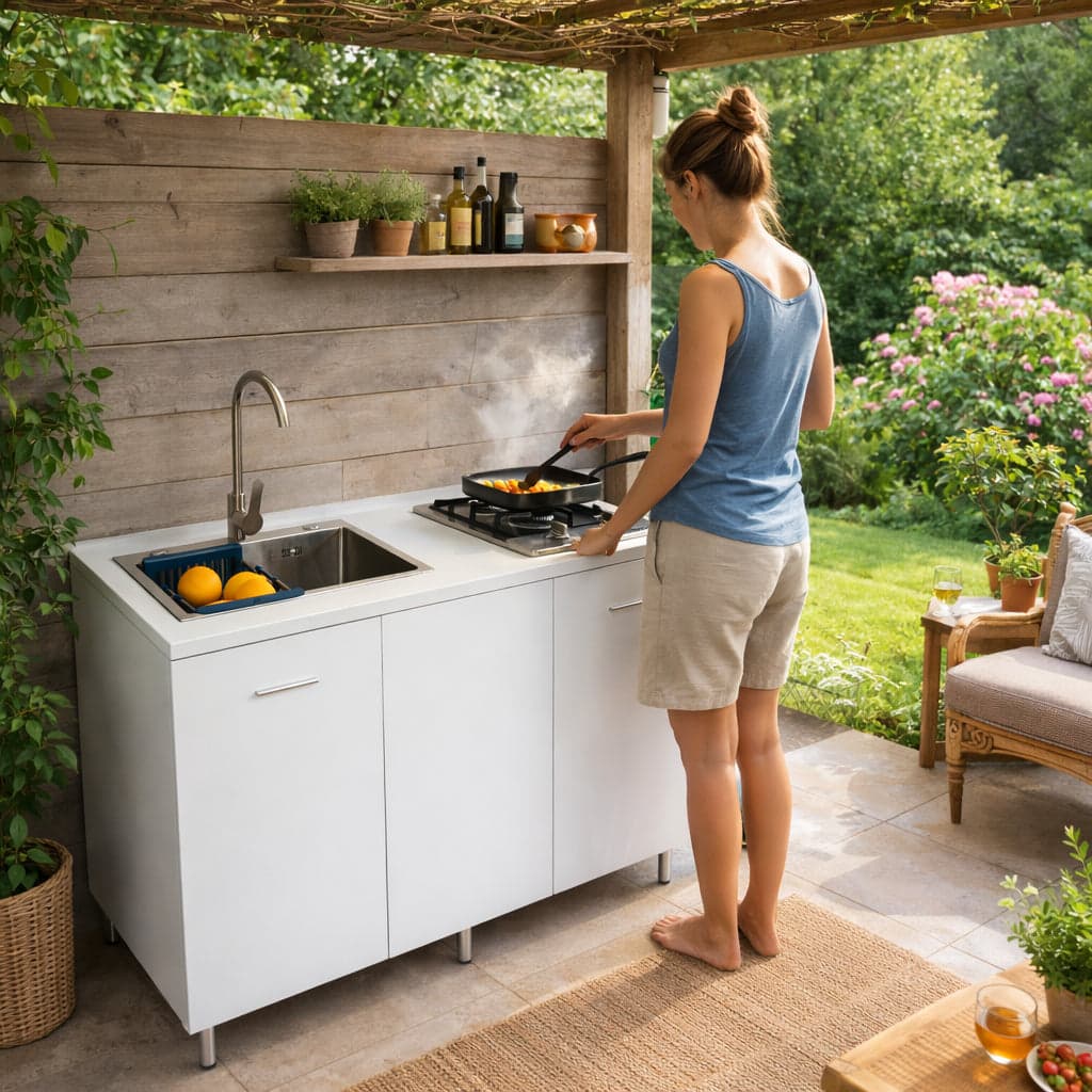 Mini Cucina Completa 120x60 Salvaspazio con 2 Fuochi Gas Lavello Acciaio e Ruote Bianco in Moduli componibili Danyx - Casoria, commercioVirtuoso.it