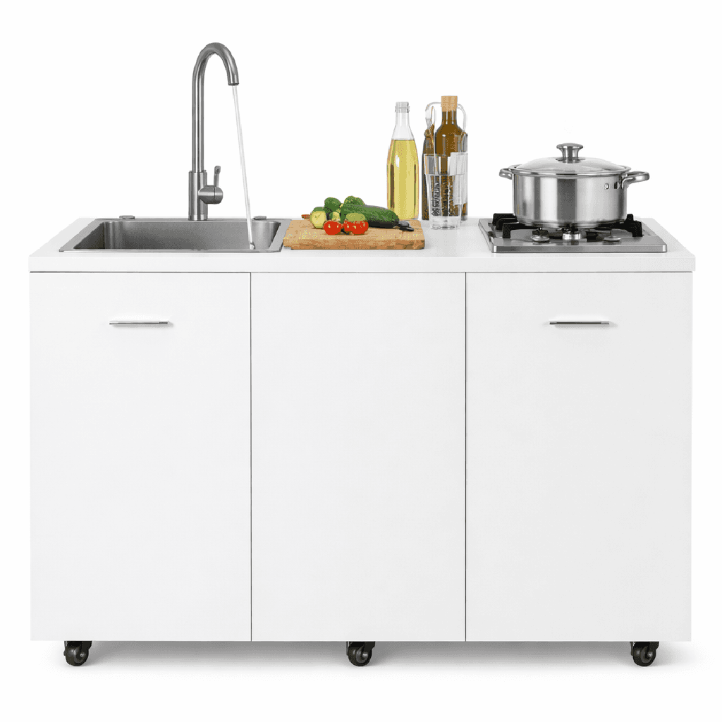 Mini Cucina Completa 120x60 Salvaspazio con 2 Fuochi Gas Lavello Acciaio e Ruote Bianco in Moduli componibili Danyx - Casoria, commercioVirtuoso.it