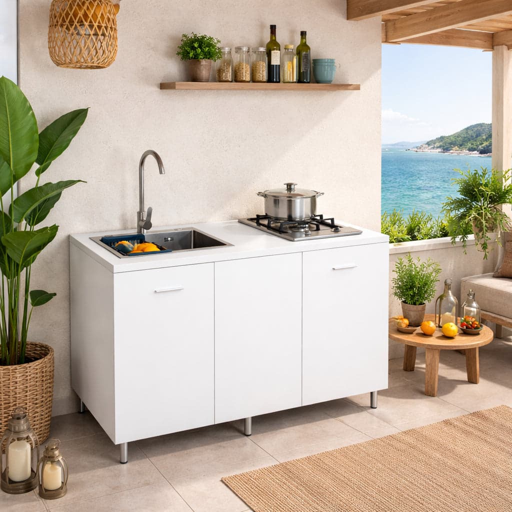 Mini Cucina Completa 120x60 Salvaspazio con 2 Fuochi Gas Lavello Acciaio e Ruote Bianco in Moduli componibili Danyx - Casoria, commercioVirtuoso.it