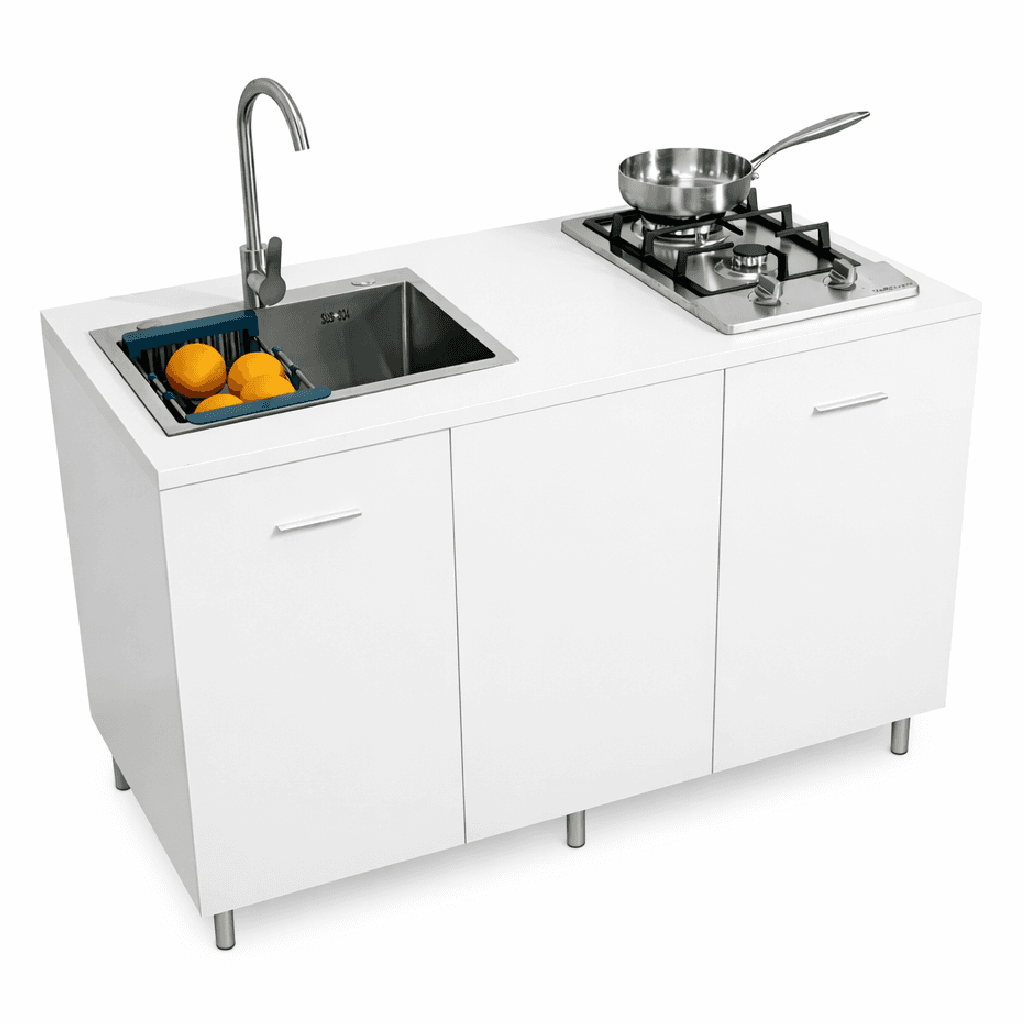 Mini Cucina Completa 120x60 Salvaspazio con 2 Fuochi Gas Lavello Acciaio e Ruote Bianco in Moduli componibili Danyx - Casoria, commercioVirtuoso.it