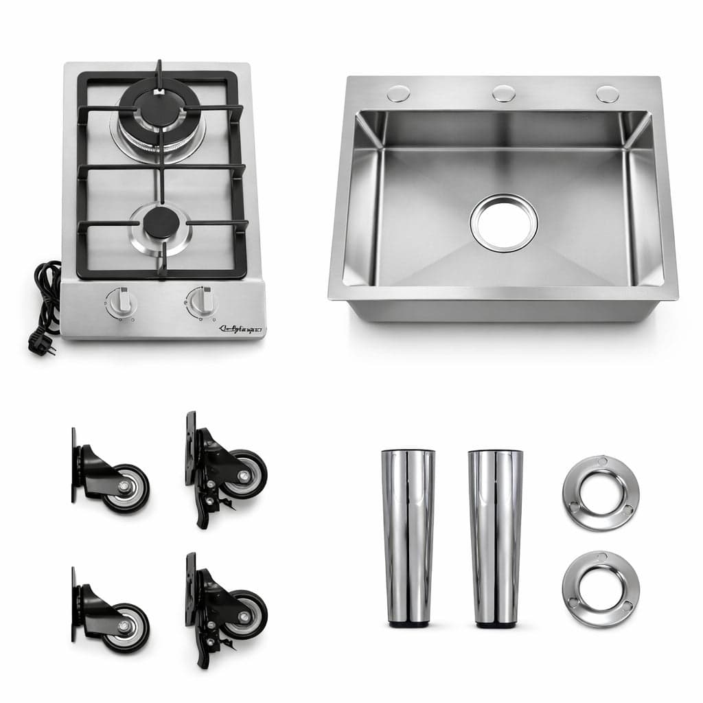 Mini Cucina Completa 120x60 Salvaspazio con 2 Fuochi Gas Lavello Acciaio e Ruote Bianco in Moduli componibili Danyx - Casoria, commercioVirtuoso.it