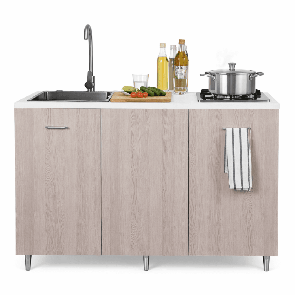 Mini Cucina Completa 120x60 Salvaspazio con 2 Fuochi Gas Lavello Acciaio e Ruote Olmo in Moduli componibili Danyx - Casoria, commercioVirtuoso.it