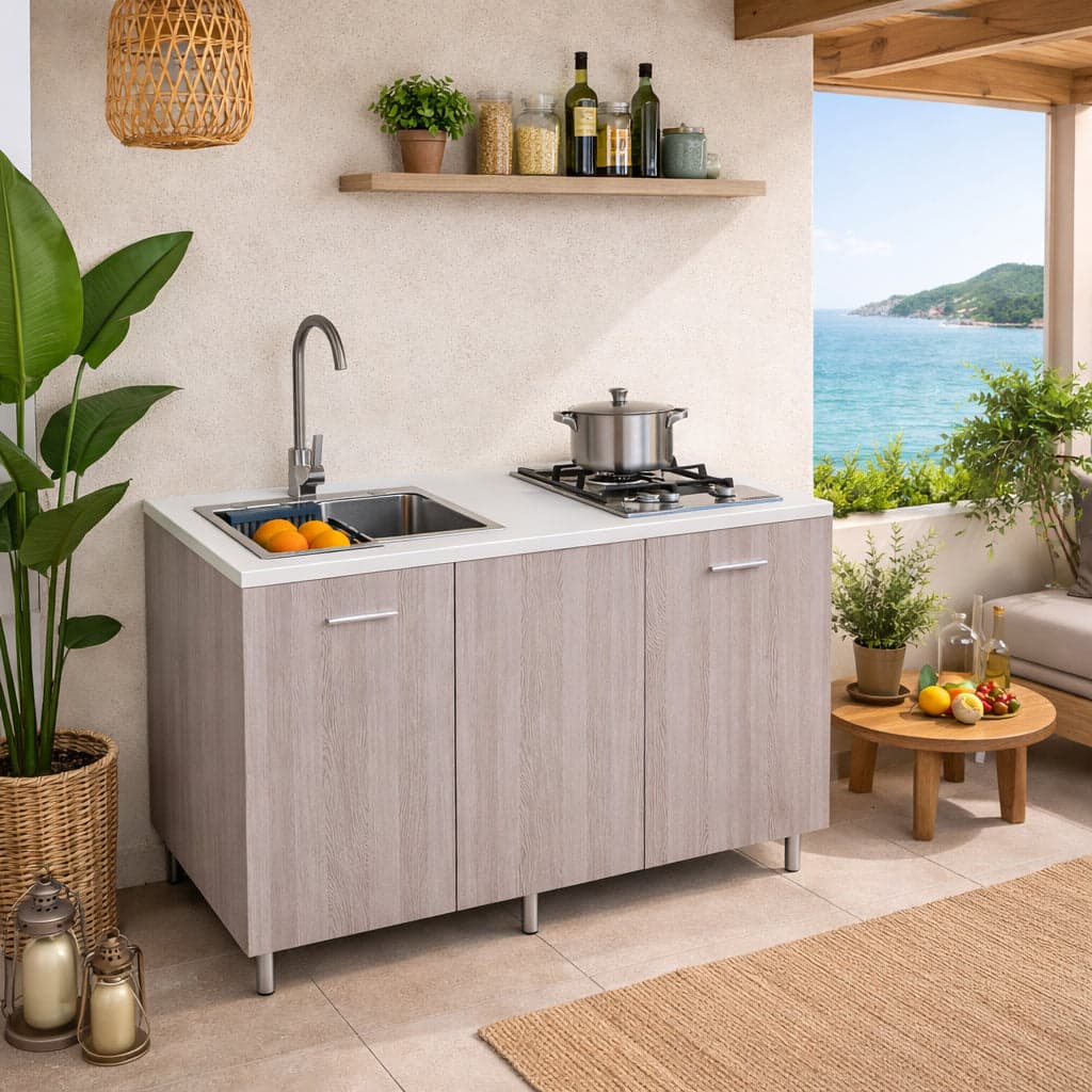 Mini Cucina Completa 120x60 Salvaspazio con 2 Fuochi Gas Lavello Acciaio e Ruote Olmo in Moduli componibili Danyx - Casoria, commercioVirtuoso.it