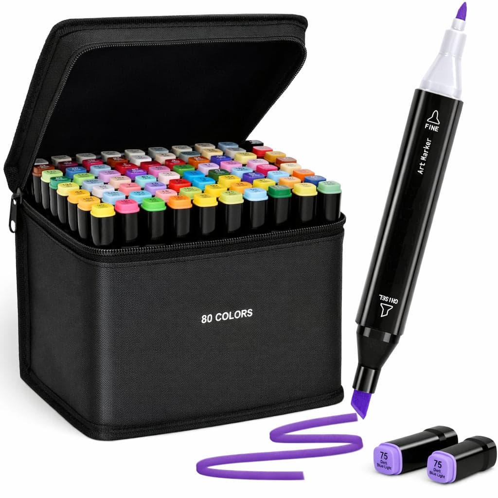 Set 80 Pennarelli Doppia Punta Alcolica Fine e Scalpello con Borsa per Disegno Manga