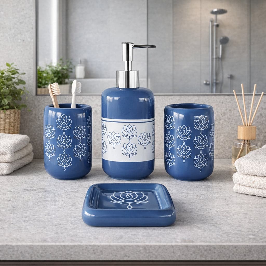 Set Accessori Bagno Ceramica 3 Pezzi Dispenser Sapone Portaspazzolini Blu in Set di accessori per il bagno Danyx - Casoria, commercioVirtuoso.it