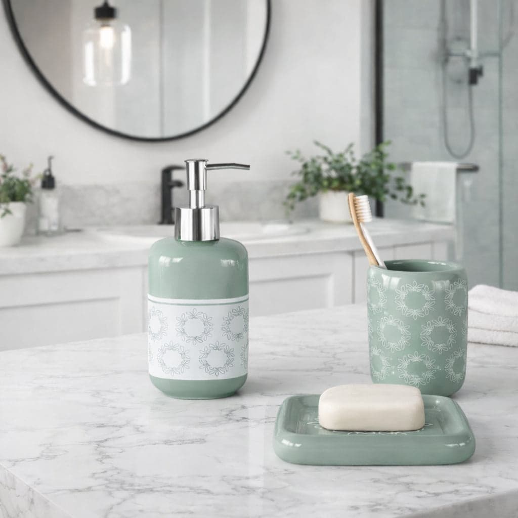 Set Accessori Bagno Ceramica 3 Pezzi Dispenser Sapone Portaspazzolini Verde in Set di accessori per il bagno Danyx - Casoria, commercioVirtuoso.it