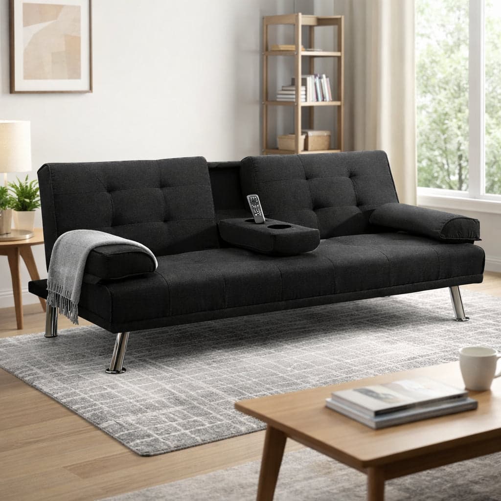 Divano Convertibile Letto 2in1 Portabibite e Cuscini Tessuto Moderno Reclinabile Nero