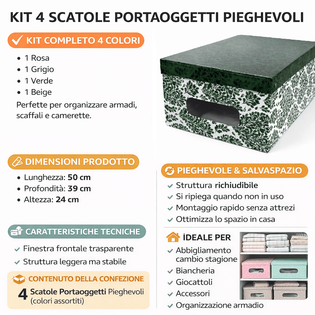 Kit 4pz Scatole Box Sistemazione Armadio in PVC Pieghevole 50x39 H24cm Col.Ass in Contenitori sottoletto Danyx - Casoria, commercioVirtuoso.it