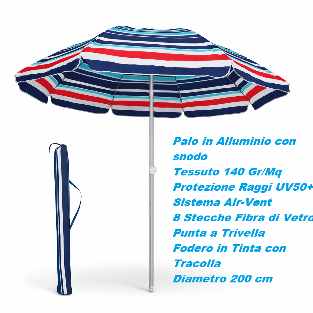 Ombrellone Mare Spiaggia 200 cm Antivento Alluminio UV50+ Inclinabile con Custodia e Trivella in Autocategorizzazione Danyx - Casoria, commercioVirtuoso.it