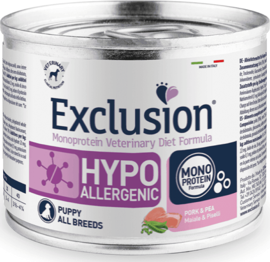 Exclusion Hypoallergenic paté Puppy All Breeds maiale e piselli in Secco 101 Market - Poggibonsi, commercioVirtuoso.it