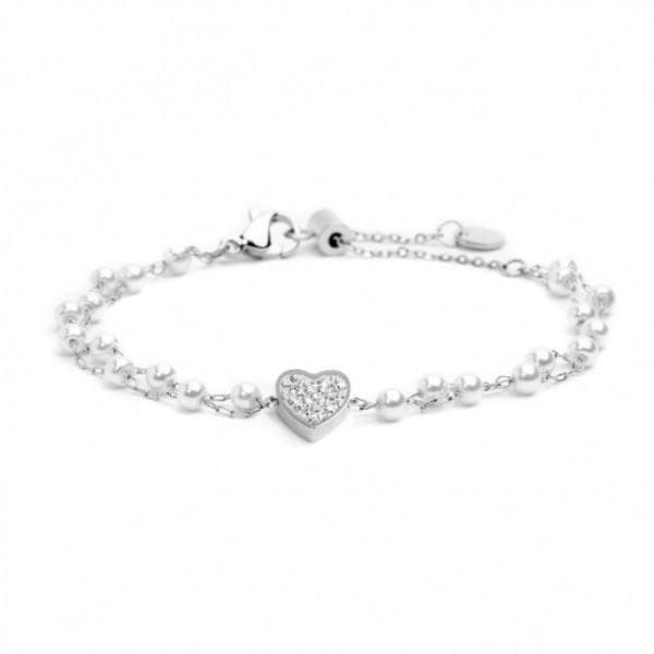 Marlù-Bracciale Doppia Catena Perle Cuore Cristalli Acciaio
