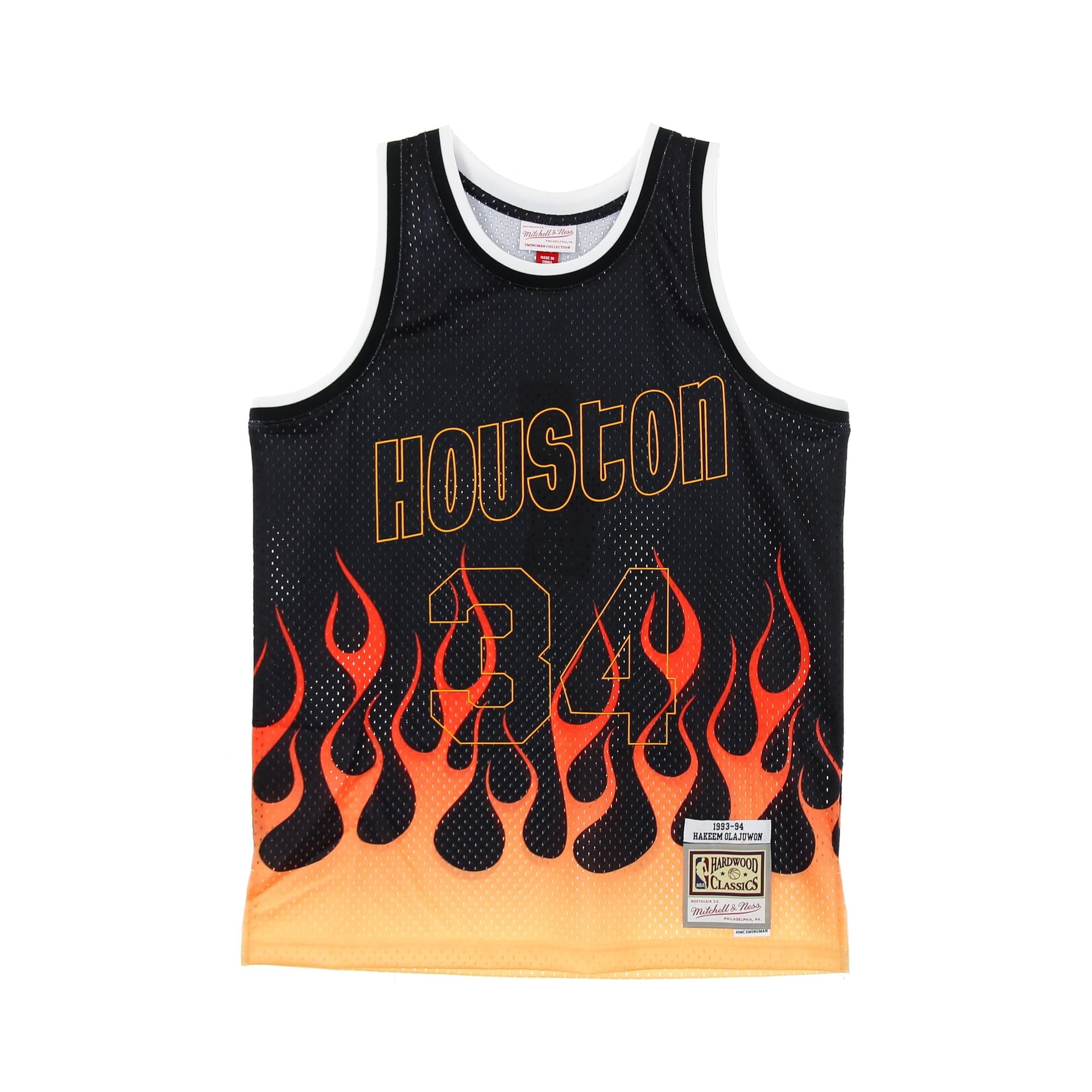MITCHELL &amp; NESS Canotta Basket Uomo Nba Swingman Jersey Flames Hardwood Classics N.34 Hakeem Olajuwon 1993-94 Houroc Black/black/multi Color da uomo in Maglie sportive da uomo Drestige - Casamassima, commercioVirtuoso.it