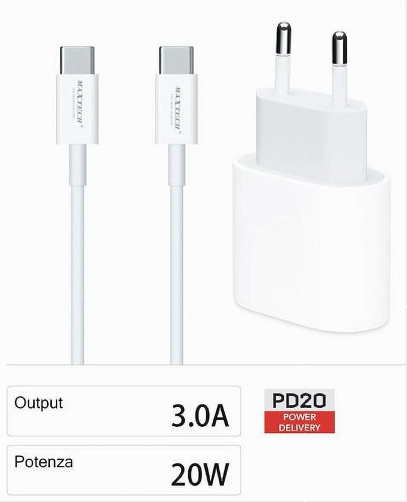 KIT CARICABATTERIA CARICATORE CAVO 1 MT TYPE-C PD 20 WATT 3A SMARTPHONE CA-S053 in Caricabatterie da muro Trade Shop italia - Napoli, commercioVirtuoso.it