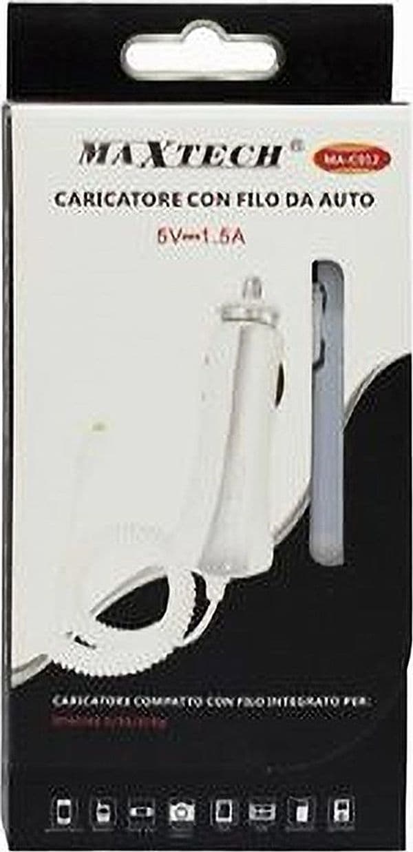 CARICATORE AUTO LIGHTNING CARICABATTERIA IPHONE IPAD 5V-1.5A FILO 1.2MT MA-C012 – MaxTech – bianco