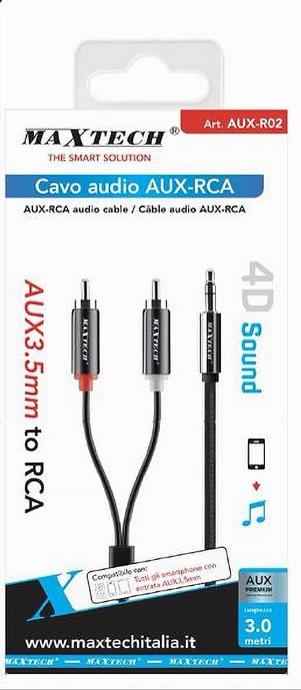 CAVO AUDIO DA AUX 3,5MM A 2X RCA MASCHIO STEREO ADATTATORE 3 MT 4D SOUND AUX-R02 in Connettori RCA Trade Shop italia - Napoli, commercioVirtuoso.it